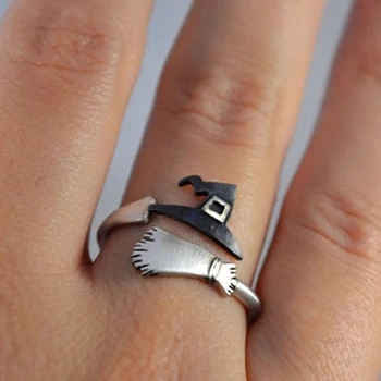 Roztomilý Ženy Halloween Čarodejnice Klobúk Metlu Otvorené Prst Prsteň Nastaviteľné Šperky Darček prstene pre ženy кольцо мужское 2020