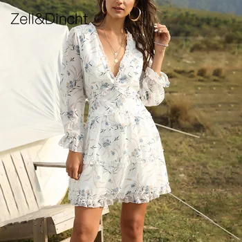 Zell&Dincht Kvetinový Tlač Módne Backless Zábal Mini Šaty 2021 Letnú Dovolenku Volánikmi Sundress Šifón dámske Šaty s Dlhým Rukávom