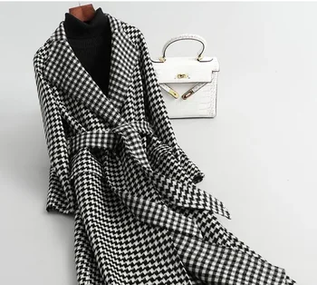 Ženy Dlhé Kockované Vlnené Kabát 2020 Nových Prírastkov Houndstooth Opasok Coats