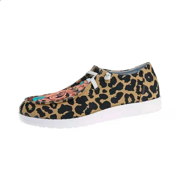 Ženy Leopard Mokasíny Plytké Ploché Topánky Zmiešané Farby Čipky Kolo Prst Dámske Outdoorové Športové Oblečenie Móda Plus Veľkosť 2021 Mew