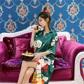 2020 Čínsky štýl, Leto, Jeseň Hodváb Dámske Sleepwear Sexy Sleepshirt Dlho Tlačiť Dámy Nightgown Mladé Dievča Outwear Nightdress