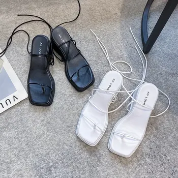 2021 Fashion Square Prst Kliny Ženy Sandále Čipky Gladiator Sandál Zadný Popruh Letné Topánky Ženy Bežné Pláži Sandál