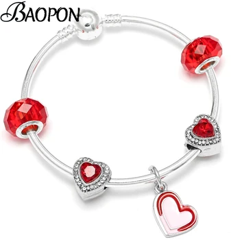 BAOPON Jednoduché Farebné Kúzlo Náramok Náramok Pre Ženy, Red Crystal Láska Srdce Korálky Fit Originálne Náramky, Prívesky DIY Šperky