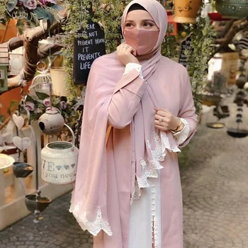Dobrý šitie obyčajný vysoká kvalita premium ťažké Šifón hidžáb šatku dlhé šály s Bielou Čipkou