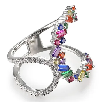 Farebné Cz Prst Prsteň Módne Bageta Rainbow Krúžok striebornej farbe Farba Iskrenie Bling Farebné Kamenný Kruh, Šperky Pre Svadbu
