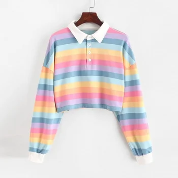 HOUZHOU Polo Tričko Ženy Rainbow Kawaii Roztomilý Elegantné Blúzky Streetwear Dlhý Rukáv Plodín Top Tlačidlo Hore kórejský módne Pulóver