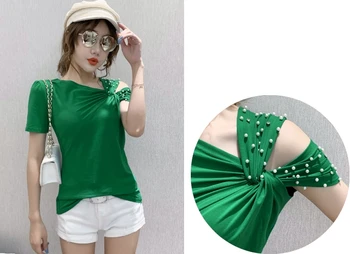 Letné kórejské Oblečenie T-košele Off Sexy Ramenný Lištovanie Bavlna Ženy Topy Ropa Mujer Krátky Rukáv Klesnutie Tričko Tees T06819