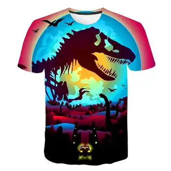 Letné polyester dievča Tričko 100-160 cm Výška oblečenie 3D Dinosaura Listov Tlač Krátky Rukáv Graphic Tee Topy Príležitostné O-Krku chlapec