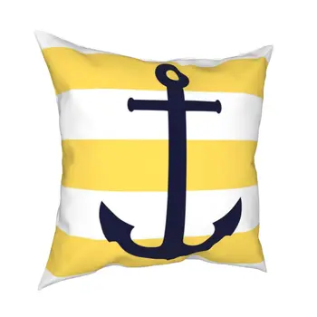 Nautical Navy Blue Anchor Na Horčica Žlté Pruhy Vankúš Vankúš Dekor Hodiť Vankúš Kryt na Posteľ 40*40 cm