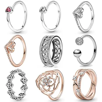 Nové 925 Sterling Silver Ring Rose Openwork Lístkov Vyhlásenie Naklonená Srdce Solitaire Lichobežníkové Srdce Krúžok Pre Ženy Pandora Šperkov