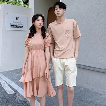 Pár Zodpovedajúce Oblečenie College School kórejský Módny Štýl Milovníkov Pár Ružové Šaty T-shirts Muži Ženy Letné Oblečenie Nosiť Nastaviť