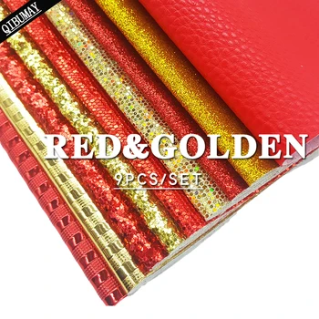 QIBU 9pcs 22*30 cm Červená&Golden Robustný Lesk Textílie PU Kožené Listov A4 Lesklý Litchi Luk Príslušenstvo DIY Náušnice Tašky Dekorácie
