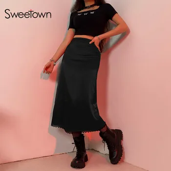 Sweetown Black Goth Estetické Sukne Žena Čipkou Trim Vysoký Pás E Dievča Midi Sukne Dámske Punk Tmavé Akademickej obce Y2K Gotické Oblečenie