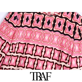 TRAF Ženy Elegantný Módy Geometrických Tlač Bočné vetracie Otvory Midi Šaty Vintage Dlhý Rukáv Späť na Zips Ženské Šaty Mujer