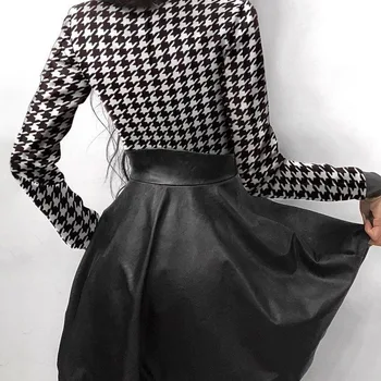 Umelé PU Houndstooth Tlač dámske Šaty 2021 Ženskej Kože Svetlice Zips Krátke Šaty Jar Elegantný Dlhý Rukáv Lady Oblečenie