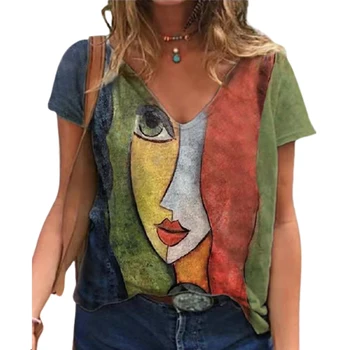 Ženy Bežné Vintage Abstraktné Tlač Voľné Topy 2021 Letné Krátke Rukáv V Krku Streetwear Dámske Tričká Tee Top S~3XL