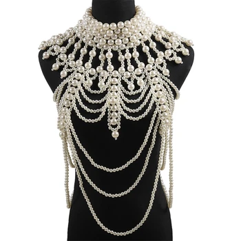 Ženy Imitácia Perly Korálkové Telo Reťazca Šatkou Ručne Vyrábané Šperky Bib Náhrdelník Golier Vintage Luxusné Vrstvený Dekoratívne Vesta Cos