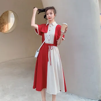 Ženy Lete Obväz Patchwork Kontrast Farieb Veľké Tričko Červené Šaty Elegantné Plus Veľkosť Módne Harajuku Vintage Strany Maxi Šaty