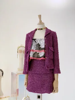 2021 Fialová dve kus ženy sukne vlastné nadrozmerná tweed bunda plus veľkosť 3XL 5XL 6XL vyhovovali ženy office conjuntos de mujer