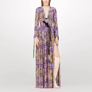 2021 jar, leto, ženy, nový dizajn šaty kvality elegantné šaty s lukom modrá kvetinový vytlačené Beach Štýl dlho maxi šaty