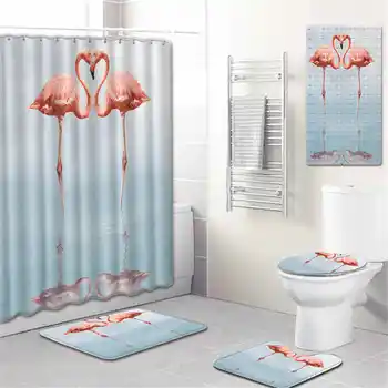 5 ks/set 3D Flamingo Tlačený Vzor Sprchový Záves Podstavec Koberec Veko Wc Kryt Mat Vaňa Mat Nastaviť Kúpeľňa Záclony