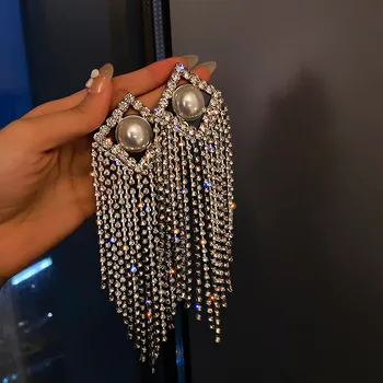 FYUAN Dlhý Strapec Crystal Drop Náušnice pre Ženy Bijoux Nadrozmerná Geometrické Drahokamu Pearl Náušnice Vyhlásenie Šperky