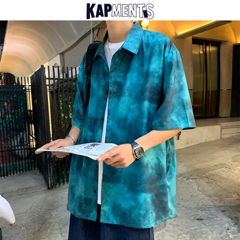 KAPMENTS Mužov kórejský Módne Harajuku Šortky Rukáv Košele 2021 Lete Mens Streetwear Vintage Havaj Košele Muž Plus Veľkosť Košele