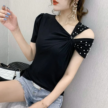 Letné kórejské Oblečenie T-košele Off Sexy Ramenný Lištovanie Bavlna Ženy Topy Ropa Mujer Krátky Rukáv Klesnutie Tričko Tees T06819