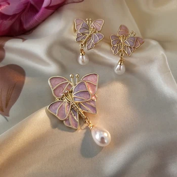 Motýľ Brošňa Drop Náušnice Ružová Fialová Klopě Pin pre Šatku Taška Oblečenie Klasické Elegantné Šperky, Darček pre Manželku Milenca Dievča