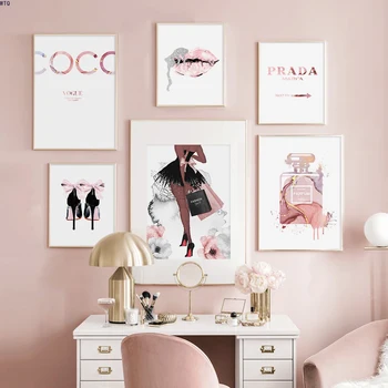 Móda Plagáty Elegantný Dievča, Ružová Parfum Pery Vysokým Podpätkom Make-Up Plátno Na Maľovanie Na Stenu Umenie Vytlačí Obrázok Dievčatá, Izba Domáce Dekorácie