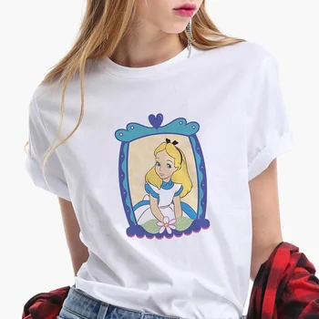 Móda Ženy Letné Tričká Krátky Rukáv Bežné Biele Alenka V ríši Divov Disney Tričká Tlač Harajuku T-shirts Grafické Tees