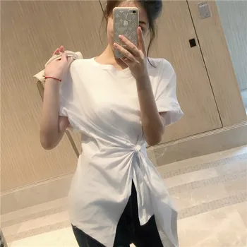O-Krku Letné T-Shirts Ženy Kórejský Uzol Sexy Bavlna Bežné Office Lady Streetwear Voľné Tričká Topy Nepravidelný Duté Z354