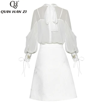 Qian Han Zi letné módne, elegantné dve kus Ženy dlhým rukávom biele blúzky, košele+čipky vyšívané korálkami mini sukne Oblek