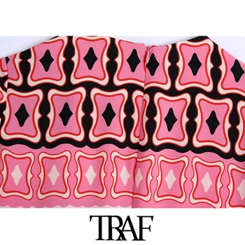 TRAF Ženy Elegantný Módy Geometrických Tlač Bočné vetracie Otvory Midi Šaty Vintage Dlhý Rukáv Späť na Zips Ženské Šaty Mujer