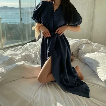 Volániky Lete Nightgown Modrá Biele Elegantné Dlhé Sleepwear Sladký Kórejský Bavlna Domáce Oblečenie, Oblečenie Pre Voľný Čas Čipky Lístkového Rukáv