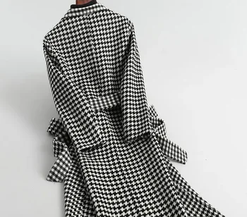 Ženy Dlhé Kockované Vlnené Kabát 2020 Nových Prírastkov Houndstooth Opasok Coats