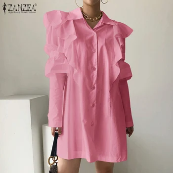 Ženy Elegantný Mini Tričko Šaty ZANZEA Módne 2021 Jar Jeseň Župan Žena francúzskej Čipky Vestido Bežné Bavlnené Šaty Prehrabať