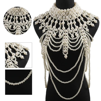 Ženy Imitácia Perly Korálkové Telo Reťazca Šatkou Ručne Vyrábané Šperky Bib Náhrdelník Golier Vintage Luxusné Vrstvený Dekoratívne Vesta Cos