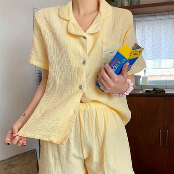 Žltá Bavlnená Posteľná Bielizeň Dve Kus Ženy S Drážkou Krátke Šortky Nastaviť Jediný Breasted Tričko Domov Vyhovovali Lete Nightgown A018